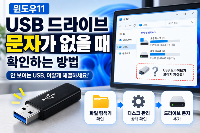 윈도우11에서 USB 드라이브 문자가 없을 때 확인하는 방법