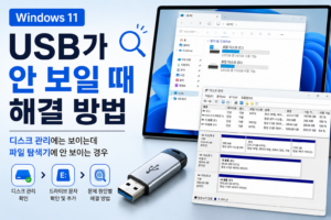 윈도우11 USB가 디스크 관리에는 보이는데 파일 탐색기에 안 보일 때 해결 방법